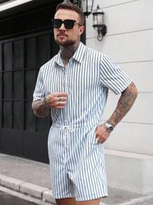 Manfinity Homme 男士夏季休闲条纹连体裤男士连体裤男士条纹连体裤，男士蓝白条纹抽绳短袖连体裤，适合休闲夏季外出 - 彩色 - 查看 4