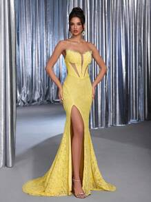 Glamrae فستان رسمي بتصميم خصر مزين بخصر سميك وذيل سمكة شفاف بتصميم بسترة من قماش فابريك أصفر فاتح فاخر