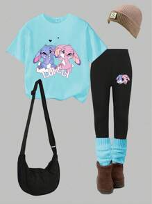 2 件年轻女孩休闲时尚可爱卡通兔子和心形字母印花短袖圆领 T 恤和打底裤套装，夏季