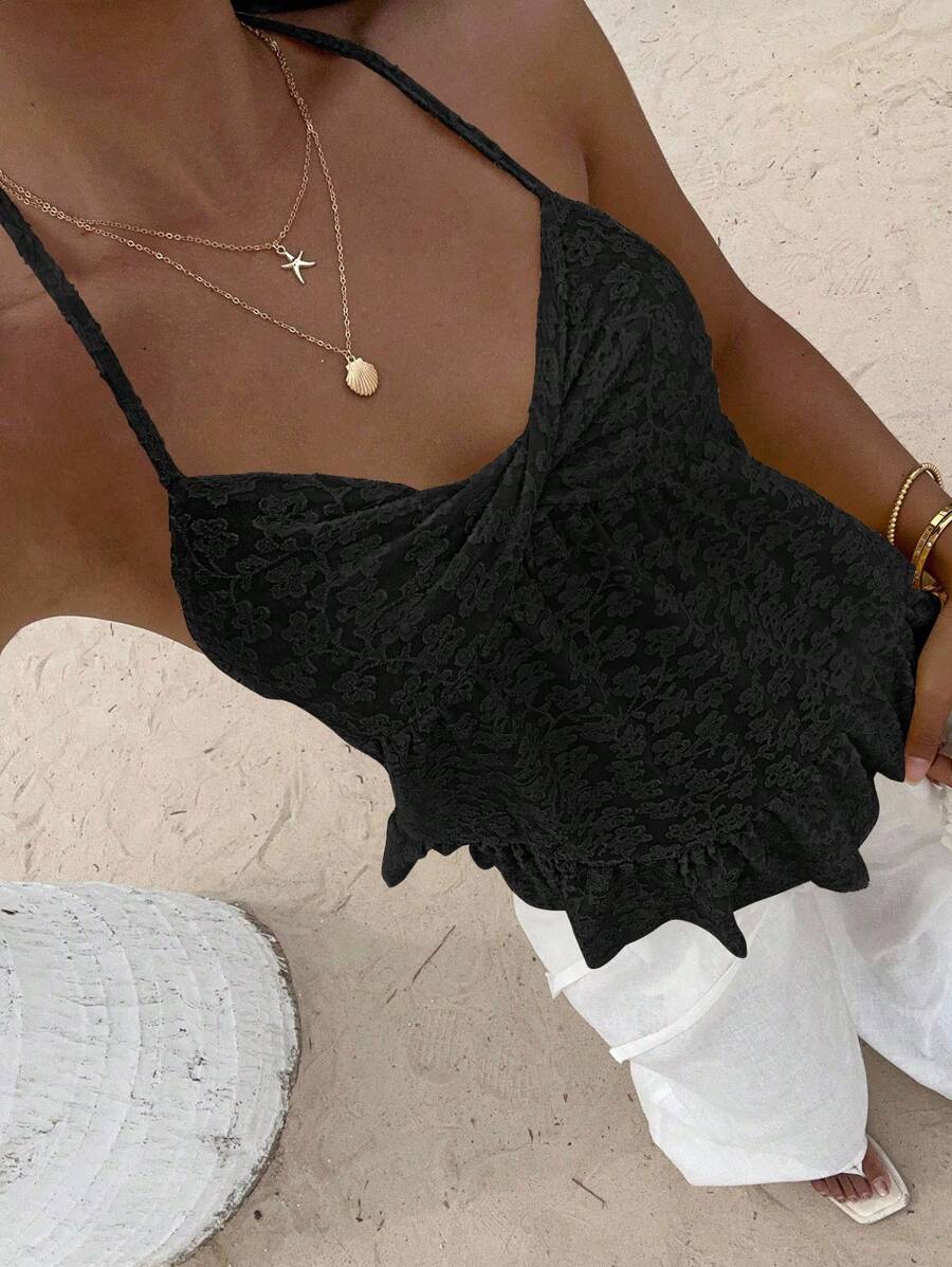 Sunnyshic 夏季性感纯色镂空露背吊带上衣 - 黑色 - 查看 1