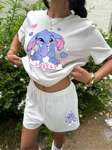 SHEIN EZwear 2 件女士休闲卡通印花短袖 T 恤和短裤套装，适合夏季 - 彩色 - 查看 3
