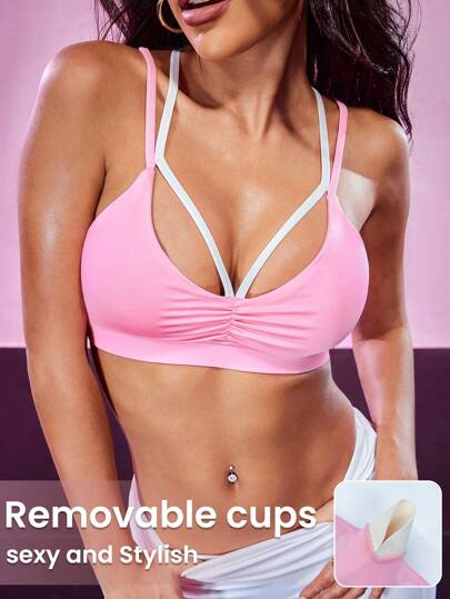 Slayoga Women Two Tone Crisscross Ruched Back Sports Bra