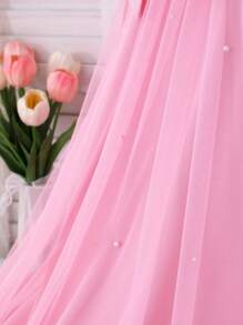 Girls' Elegant Ruffled Pearl Decor Mesh Overlay Dress - Pink - View 6