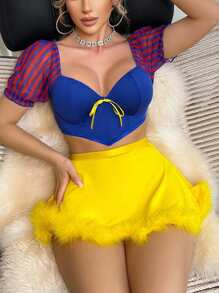 SHEIN 3件套：鱼骨短款上衣+丁字裤+羽毛腰裙，甜美公主派对装