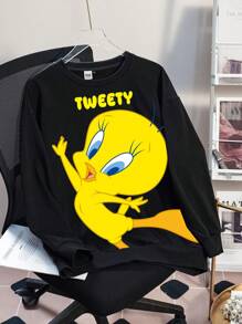 LOONEY TUNES X SHEIN 大码休闲卡通字母图案落肩卫衣 - 黑色 - 查看 1