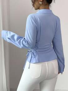 Elenzga Áo sơ mi nữ màu xanh trơn thanh lịch với thiết kế cà vạt chéo hai bên - Màu xanh lam - Xem 2