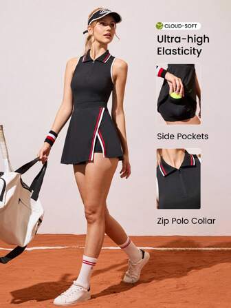 CourtClass 女式夏季休闲撞色修腰无袖运动连衣裙