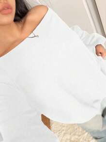 INAWLY Große Größen einfarbiger asymmetrischer Schulter Sweatshirt, minimalistisch und modisch, geeignet für Sommer Abschluss, Schulanfang, Abschluss, Lehrer, Pullover für Schulanfang Herbst Winter