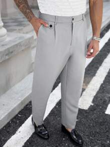 Manfinity CasualCool Pantaloni casual a vita alta da uomo taglio affusolato, colore tinta unita, autunno - Grigio Chiaro - Visualizzare 4