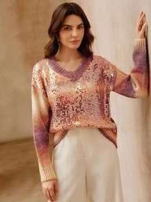 Anewsta Maglione pullover con scollo a V e maniche lunghe con paillettes sfumate, adatto per autunno, inverno, primavera, Capodanno, feste, matrimoni, elegante, chic, di stile, casual, confortevole, formale - Viola - Visualizzare 5
