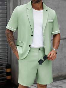 Manfinity Mode Men's Plus Size Solid Color Front Button Short-Sleeved Jacket And Shorts Summer Suit Men's Summer Suit Men's Two Pieces Set