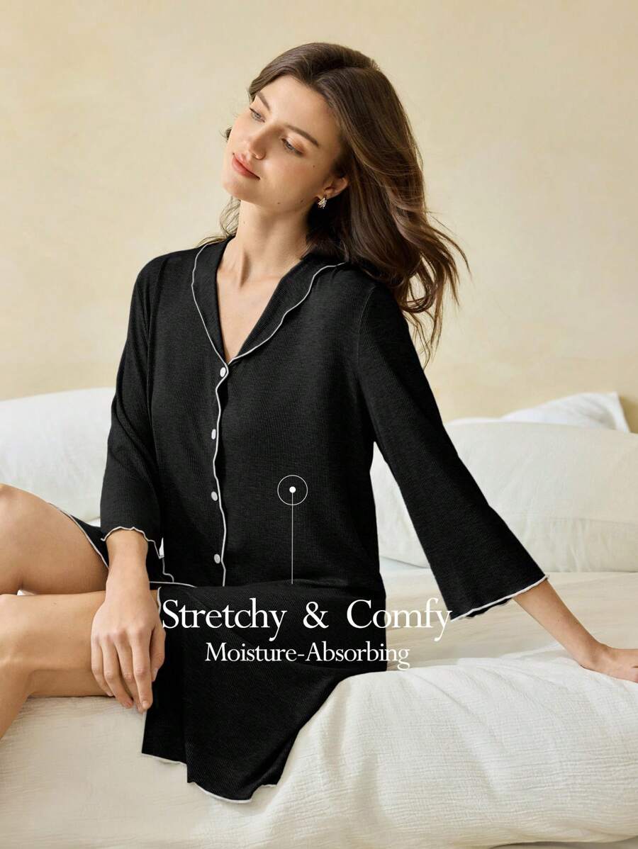 Ocili Leisure Comfortable Blend Rib Knit Contrast Color Ruffled V-Neck Soft Nightgown For Women Holiday Season, Fall, Winter - Black - View 1