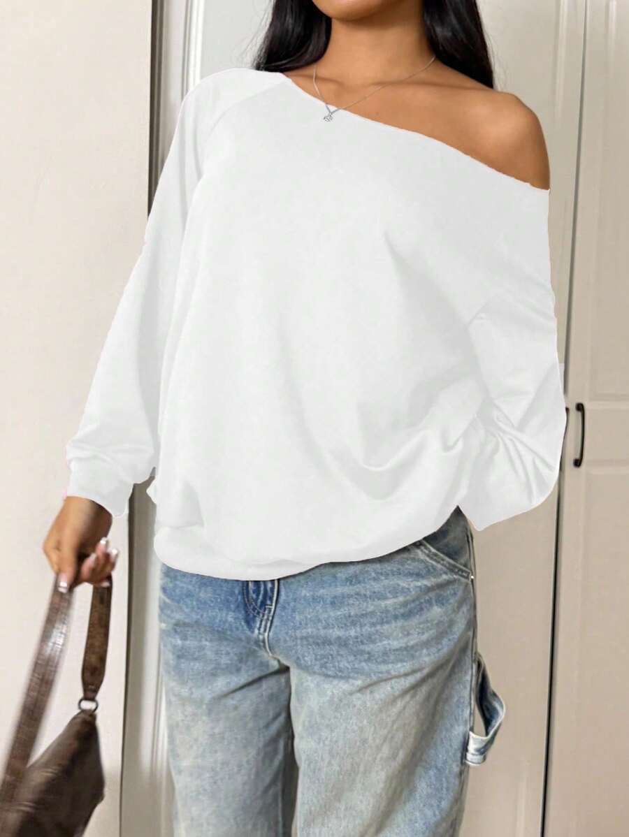 INAWLY Große Größen einfarbiger asymmetrischer Schulter Sweatshirt, minimalistisch und modisch, geeignet für Sommer Abschluss, Schulanfang, Abschluss, Lehrer, Pullover für Schulanfang Herbst Winter