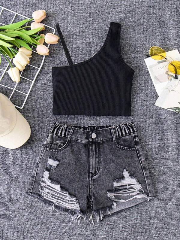 SHEIN 2-teiliges Set: Mädchen Trägershirt in Unifarbe und Denim Shorts