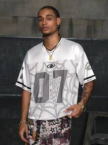 AXEPEAK 街头风格 V 领短袖数码印花宽松男式 T 恤 - 白色 - 查看 5