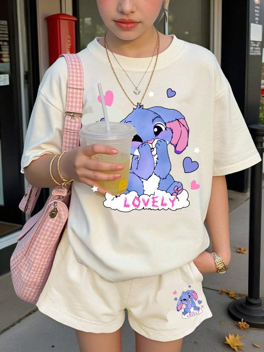 SHEIN EZwear 2 件女士休闲卡通印花短袖 T 恤和短裤套装,适合夏季 - 彩色 - 查看 1