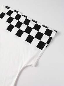 ROMWE MEN Street Life Men's Casual Letter Graphic & Checkerboard Pattern Round Neck T-Shirt - Black and White - View 4