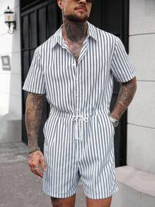 Manfinity Homme 男士夏季休闲条纹连体裤男士连体裤男士条纹连体裤，男士蓝白条纹抽绳短袖连体裤，适合休闲夏季外出 - 彩色 - 查看 1