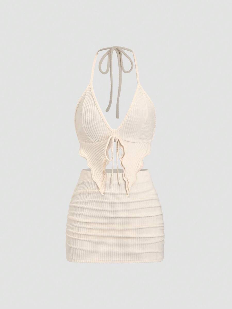 SHEIN Unity 杏色毛绒罗纹针织 V 领露背不对称下摆吊带上衣和直筒迷你裙套装，柔软舒适时尚休闲装，适合派对、度假、女士