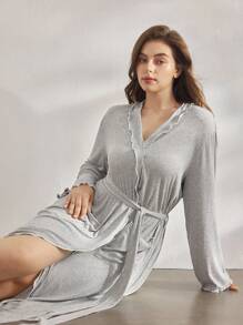 Ocili 舒适罗纹针织撞色滚边柔软短领系带睡袍，大码居家服，舒适保暖，秋冬季佳选。