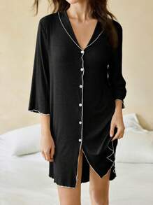 Ocili Leisure Comfortable Blend Rib Knit Contrast Color Ruffled V-Neck Soft Nightgown For Women Holiday Season, Fall, Winter - Black - View 2