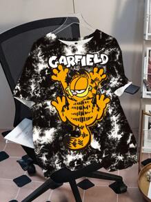 GARFIELD | SHEIN 大码字母和卡通图案圆领短袖T恤 - 黑色 - 查看 1
