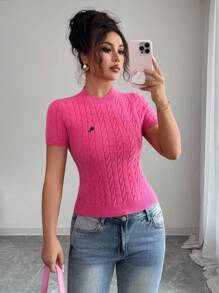 Elenzga Rose Red Crew Neck Cable Knit Short Sleeve Sweater For Women Knit Pullover Fall Winter - Hot Pink - View 1