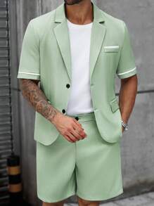 Manfinity Mode Men's Plus Size Solid Color Front Button Short-Sleeved Jacket And Shorts Summer Suit Men's Summer Suit Men's Two Pieces Set