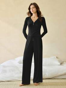 Ocili Leisure Women's Solid Color V-Neck Regular Shoulder Long Sleeve Top And Pants Lounge Set Cozy Outfit, Fall Winter Clothes - Black - View 6
