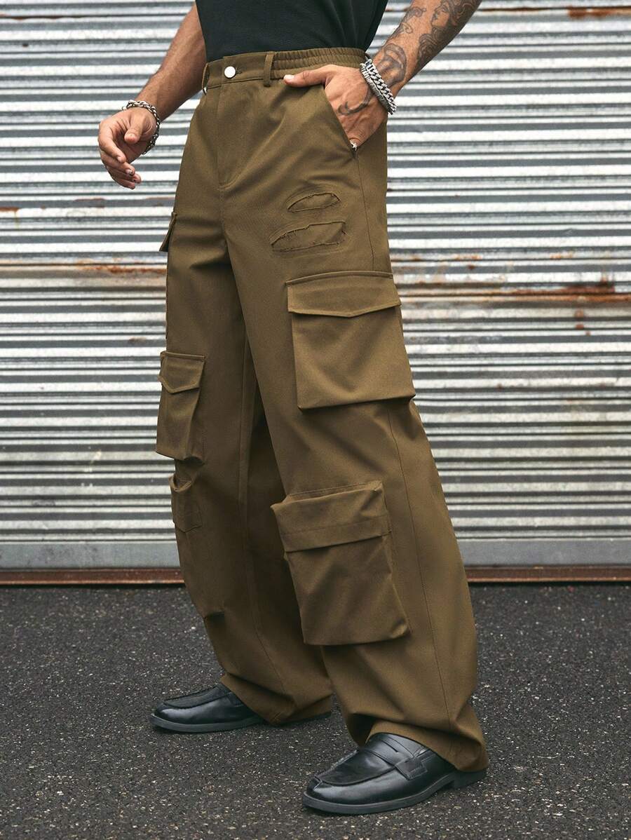 AXEPEAK Vintage American Style Multi-Pocket Decorated Casual Cargo Pants - Brown - View 1
