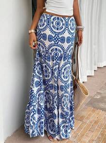 Sunnyshic 全印花休闲宽松低腰半身裙 - 藍白色 - 查看 4