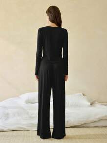 Ocili Leisure Women's Solid Color V-Neck Regular Shoulder Long Sleeve Top And Pants Lounge Set Cozy Outfit, Fall Winter Clothes - Black - View 3