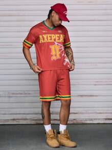 AXEPEAK Men's Summer Casual Contrast Stripe & Letter Print T-Shirt And Shorts Set - Red - View 5