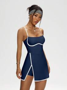 Dewbera Navy Blue Sleeveless Mini Tennis Dress With Spaghetti Straps And Built-In Shorts Athletic Dress With Built-In Bra - Navy Blue - View 8