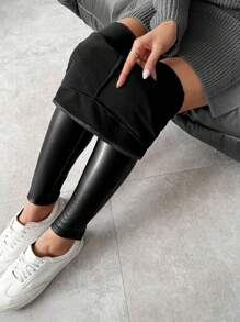 Louniche petite Women's Casual Solid Color Shiny Leggings, Autumn Fall Cloth For Women - Black - View 5