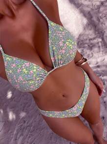 SHEIN Swim 女士吊带露背比基尼上衣和下装泳衣套装，随机印花夏季 - 彩色 - 查看 1