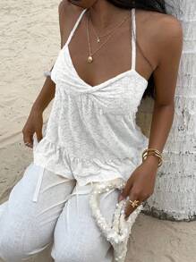 Sunnyshic Women's Floral Jacquard Twist Design Fashion Halter Neck Tank Top - White - View 4