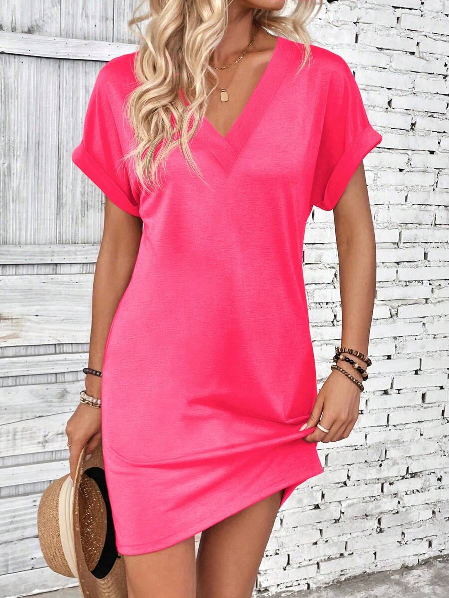 SHEIN LUNE 女式休闲纯色蝙蝠袖连衣裙 - 珊瑚粉 - 查看 1