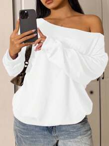 INAWLY Große Größen einfarbiger asymmetrischer Schulter Sweatshirt, minimalistisch und modisch, geeignet für Sommer Abschluss, Schulanfang, Abschluss, Lehrer, Pullover für Schulanfang Herbst Winter