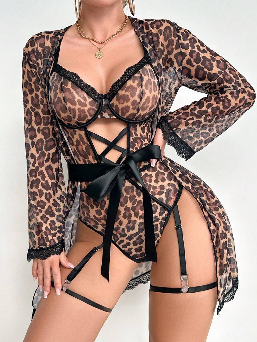 SHEIN 5pcs Set: Sexy Lingerie Classic Leopard Print Bodystocking + Robe + 2 Garters + Belt Leopard Print Lingerie Set Leopard Print Robe Lingerie With Garter Belts, Going Out - Multicolor - View 1