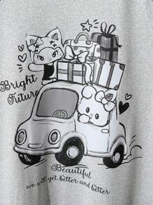 青少年女孩简约可爱卡通动物印花长款睡袍家居服返校时尚 - 灰色 - 查看 8