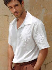 Manfinity BRENVOR 男士白色夏季休闲外出3D刺绣插肩短袖衬衫 - 白色 - 查看 7