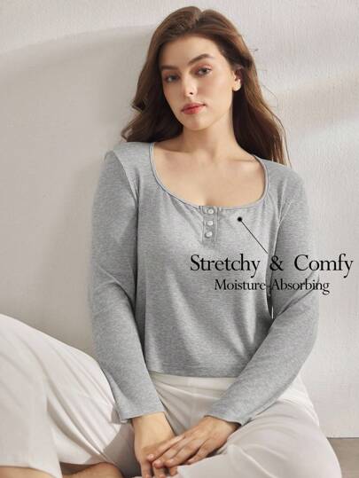 Ocili Leisure Soft Rib Knit Plus Size Shell Button Placket Sleepwear Top Easy Comfort, Fall