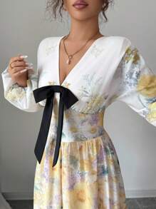 Elenzga Women's Elegant Fashion Commuter Casual Comfortable Charming Retro Minimalist Long Sleeve Shirred Floral Swing Waist Tie Dress - Light Yellow - View 3