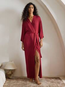 Ocili 休闲柔软顺滑纯色浴袍，优雅长袖家居服，假日季舒适之选，秋冬季佳品 - 紅色 - 查看 6