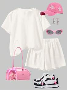 SHEIN EZwear 2 件女士休闲卡通印花短袖 T 恤和短裤套装，适合夏季 - 彩色 - 查看 2