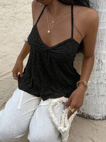 Sunnyshic 夏季性感纯色镂空露背吊带上衣 - 黑色 - 查看 5