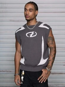 AXEPEAK Men's Fashion Street Graphic Pattern Loose Knit Sweater Vest, For Fall Winter - Grey - View 1