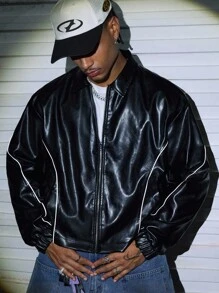 AXEPEAK Men's Contrast Collar Zip-Up Long Sleeve Jacket , Fall Winter, Grunge - Black - View 3