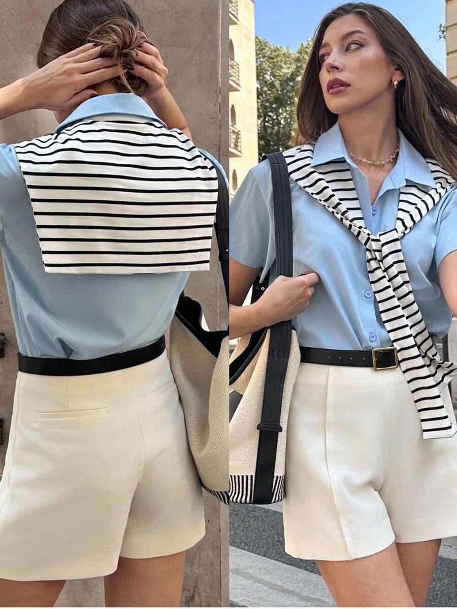 Pariaura Camicia a righe da donna in stile coreano autunnale con piccolo scialle decorativo annodato, adatta per insegnanti e studenti - Multicolore - Visualizzare 1